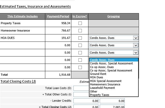 There is also a change to the Details screen. On the Estimated Taxes, Insurance, and Assessments section, there is now a place to indicate further which kind of tax/insurance/assessment it is.