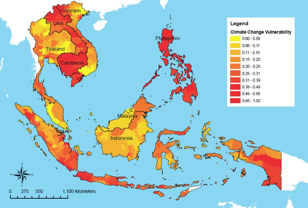 Map 2: Climate change vulnerabilities based on exposure to weather-related hazards and sensitivity (human, ecological and adaptive capacity) Legend Climate Change Vulnerability 0.00 0.06 0.06 0.11 0.