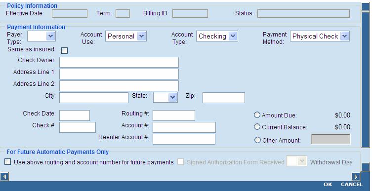 SAMPLE Select Payer Type, Account Use (Personal or Business), Account Type (Checking or Savings) Select Payment Method ** PAYMENT SCREEN Physical Check = Actual check has been delivered for payment