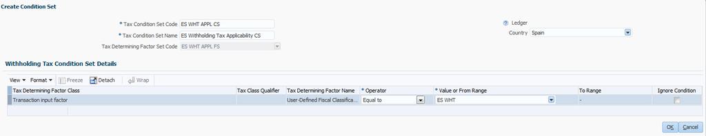 Click on the next button. Select Create from the list of values for the Tax Condition Set field. This opens the Create Condition Set UI.