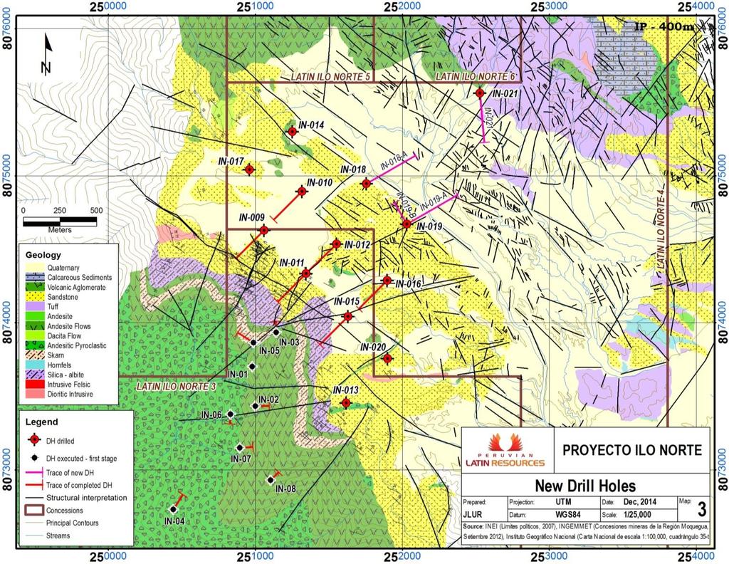 DIRECTORS' REPORT Chargeability and alteration Corredor Area drilled by Zahena in 2014 Area Drilled by Latin in 2011 Figure 2 Map of Ilo Norte showing updated geological mapping and topography as a