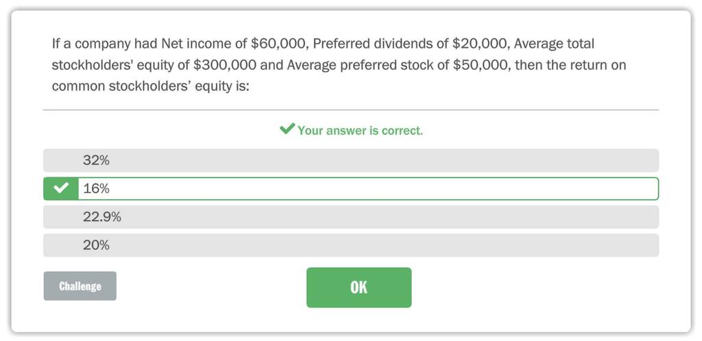 If a company had Net income of $60,000, Preferred dividends of $20,000, Average total stockholders' equity of $300,000