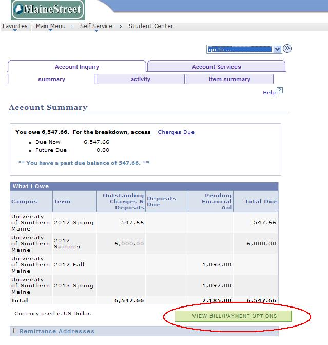 2. On the Account Summary page, charges and deposits due, if any, will display along with Pending Financial Aid.