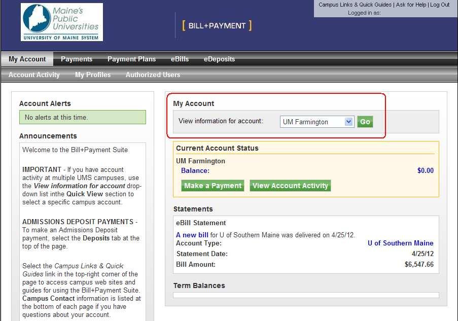 4. On your Bill+Payment Student Account Home page, you can view summary information about your account.