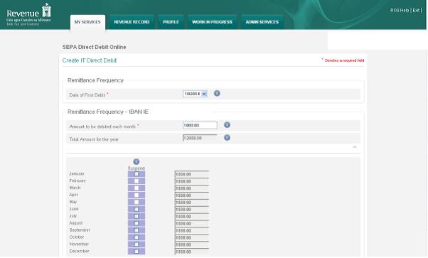 Remittance Details Screen When creating a Direct Debit Instruction for Preliminary Income Tax, the customer must first select Date of First Debit and then input Amount to be debited each month.