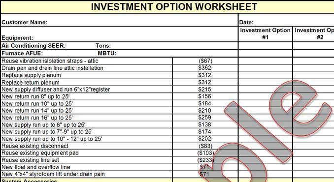 INVESTMENT OPTION WORKSHEET Customer Name: Equipment: Air Conditioning SEER: Tons: Furnace AFUE: MBTU: Reuse vibration islolation straps - attic ($67) Drain pan and drain line attic installation $362