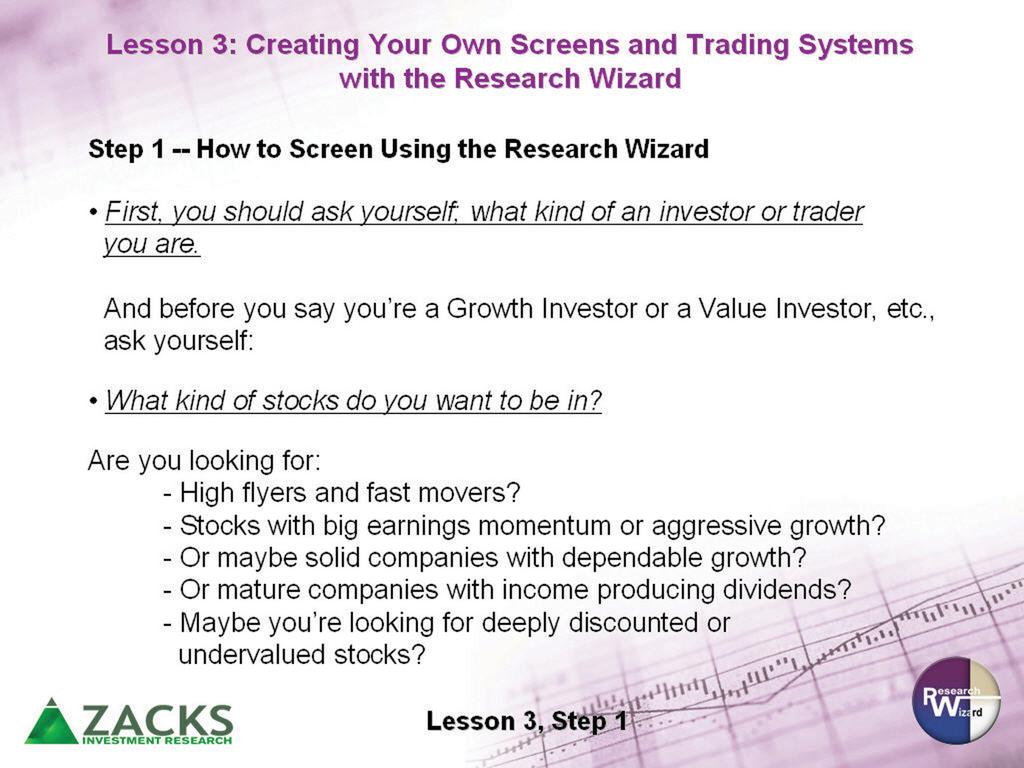 Zacks Method for Trading: Home Study Course Workbook With backtesting, you can see how successful your stock picking strategy has performed in the past, so you ll have a better idea as to what your