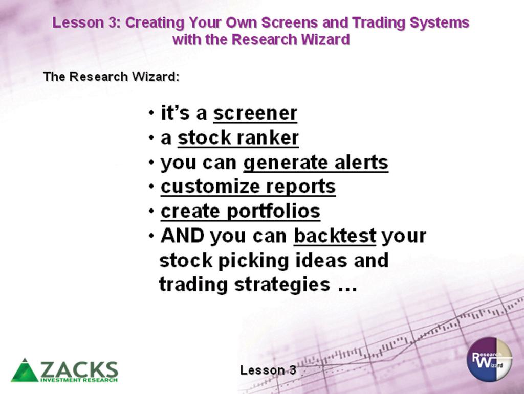 Zacks Method for Trading: Home Study Course Workbook Creating Your Own Screens More than Proven, Profitable Strategies The Zacks Method for Trading and the Research Wizard program are more than just