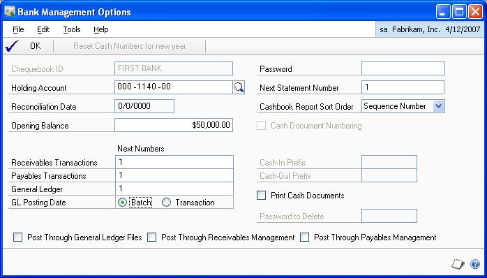 CHAPTER 1 ELECTRONIC BANK MANAGEMENT SETUP To create chequebooks: 1. Open the Bank Management Options window. (Cards >> Financial >> Chequebook >> Bank Management) 2.