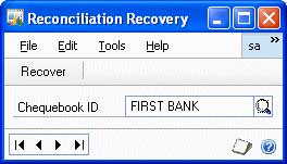 Click Clear Activity. Recovering a batch If an error occurs while posting a bank statement, you can recover the batch in the Reconcile Recovery window.