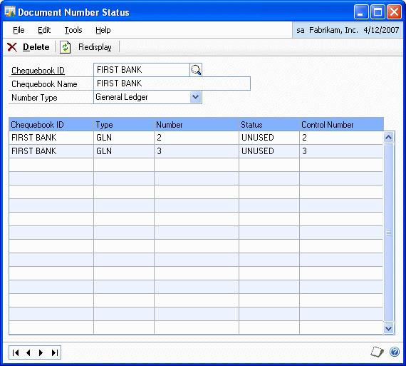 CHAPTER 5 CLEARING AND RECOVERY ROUTINES To manage document numbers: 1. Open the Document Number Status window. (Microsoft Dynamics GP menu >> Tools >> Routines >> Financial >> Bank Management >> Doc.