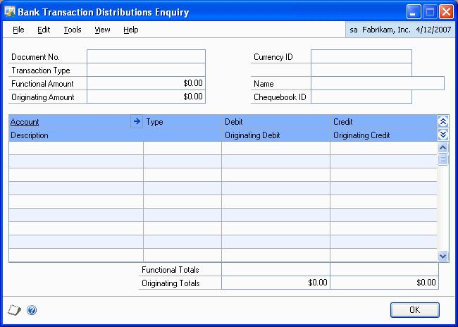 CHAPTER 6 ENQUIRY Viewing distributions for bank transactions You can use the Bank Transaction Distributions Enquiry window to view the distributions created for General Ledger type transactions
