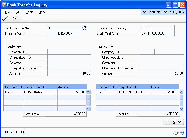 CHAPTER 6 ENQUIRY Viewing bank transfers You can view all the bank transfers made for a chequebook in the Bank Transfer Enquiry window. To view bank transfers: 1.