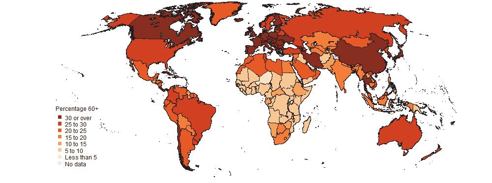 Figure II.19. Maps of percentage of population aged 60 years or over in 2000, 2015 and 2050 2000 2015 2050 Data source: United Nations (2015). World Population Prospects: The 2015 Revision.
