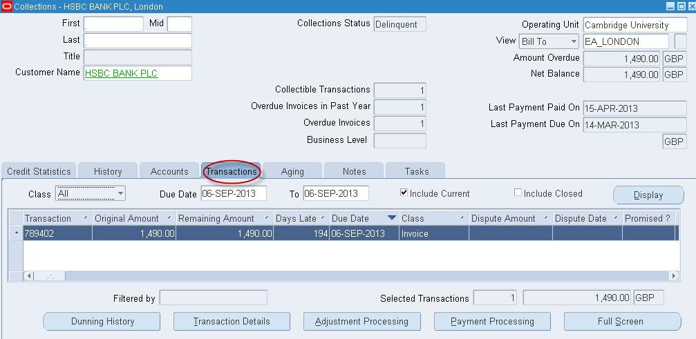 Transactions The Transactions tab highlights all outstanding invoices that are overdue for the specific customer you have selected.
