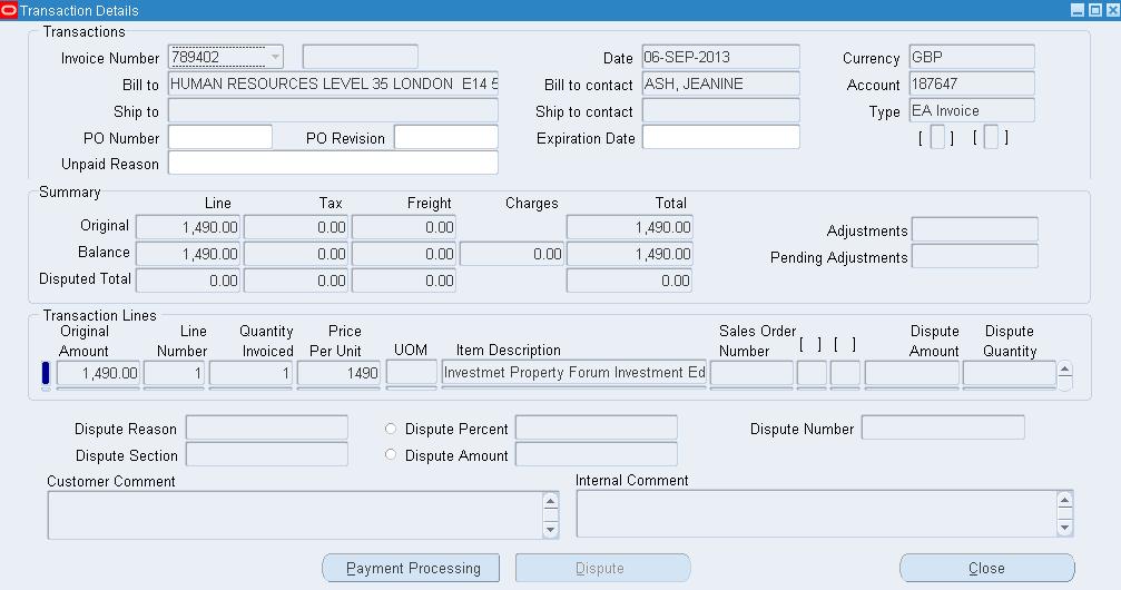 Transaction Details Details of the original invoice and the ability to create promises