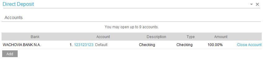 Direct Deposit Setup Continued In the example above, the entire check will be deposited at 100%.