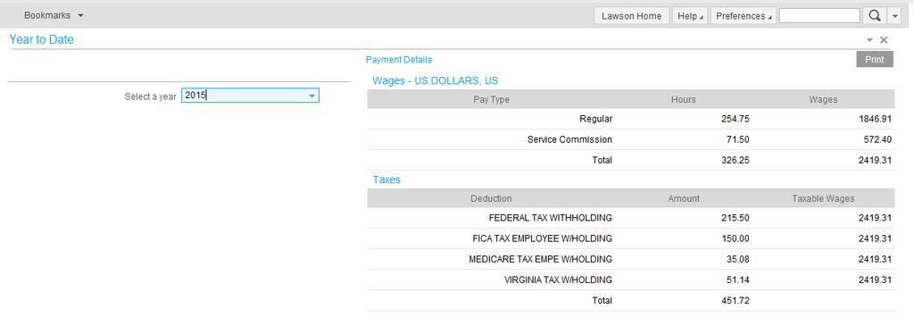Pay rate history will display with effective date, rate, annual salary and percentage change. ued To view year to date wage and deduction totals, select Year To Date.