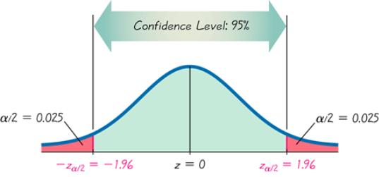 Finding z α/2 for a 95% Confidence Level 95% = 1 α α = 5% = 0.