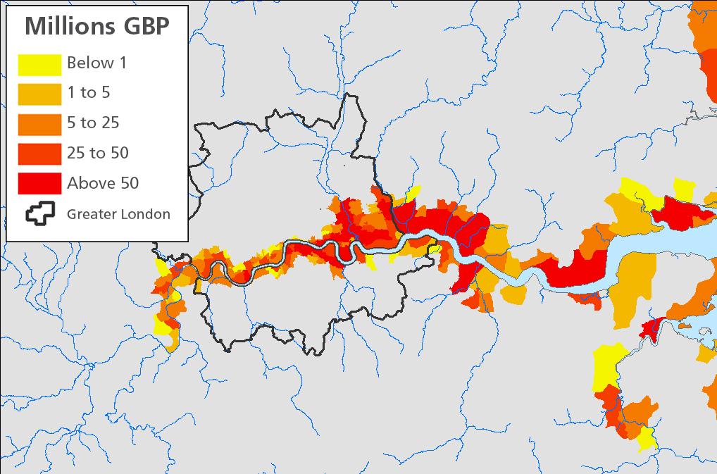 Extreme loss scenario after failure of Thames Barrier Example of flood distribution patterns in the flood zone of the Wash, with failed sea defences (left panel) and effective sea defences (right
