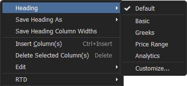 CUSTOMIZATION OF OPTION DATA DISPLAYED To customize columns for the option contracts, right click on the option column headers and select Heading Select from pre-defined views: Basic; Greeks; Price