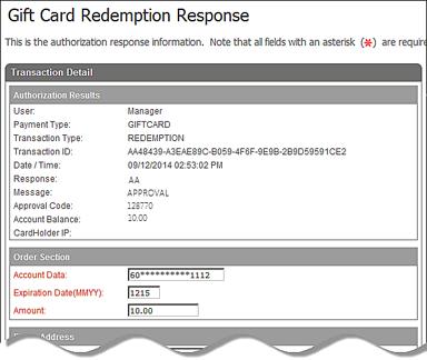 The following example shows the Gift Card Redemption Response screen.