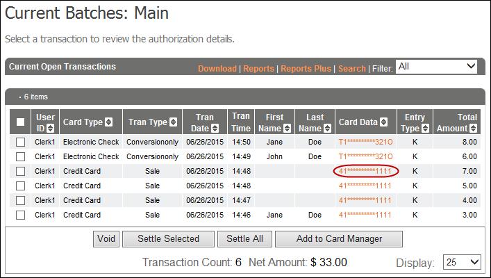 3. To view details of a particular transaction, select the Card Data link for the transaction details you want to view.