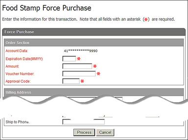 The following example shows the Food Stamp Force Purchase screen. 3. Enter food stamp card number in the Card Account Data box. 4. Click Submit.