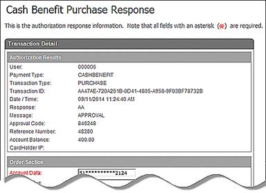 The Cash Benefit Purchase Response screen displays the results of the authorization attempt.