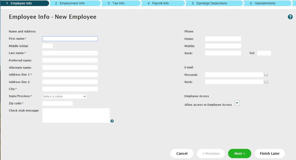 2. The Employee Info page displays. Enter the employee s personal information.