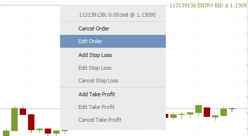 ORDERS TAB Modifying orders in the Orders tab Right-click an existing position to open the menu. Click on Edit Stop Loss or Cancel Stop Loss. The same process applies to take profit orders.