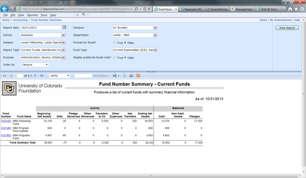 Fund Number Summary: Use parameters to narrow down your list to a specific campus, school, department, etc.