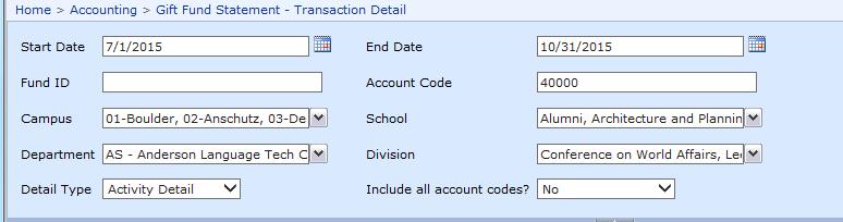 Transaction Detail: Allows you to search for detail transactions based on a variety of parameters. It is similar to the drill down report based on the account code on the Gift Fund Statement.