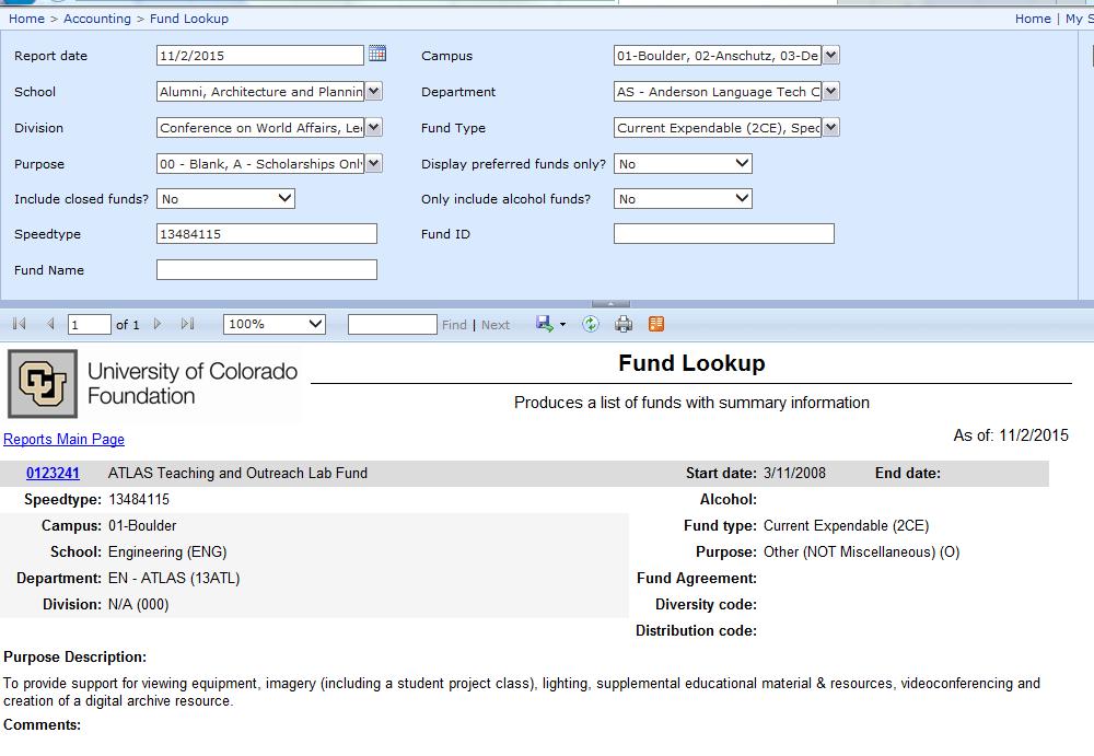 Fund Lookup: Allows you to search for funds by various parameters including the fund title and speedtype.