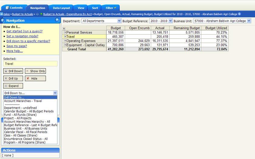 1) Using Page Slicers/Filters Using the Navigation Tab a) Run the Budget to Actuals - Expenditures By Acct report to display default report view.