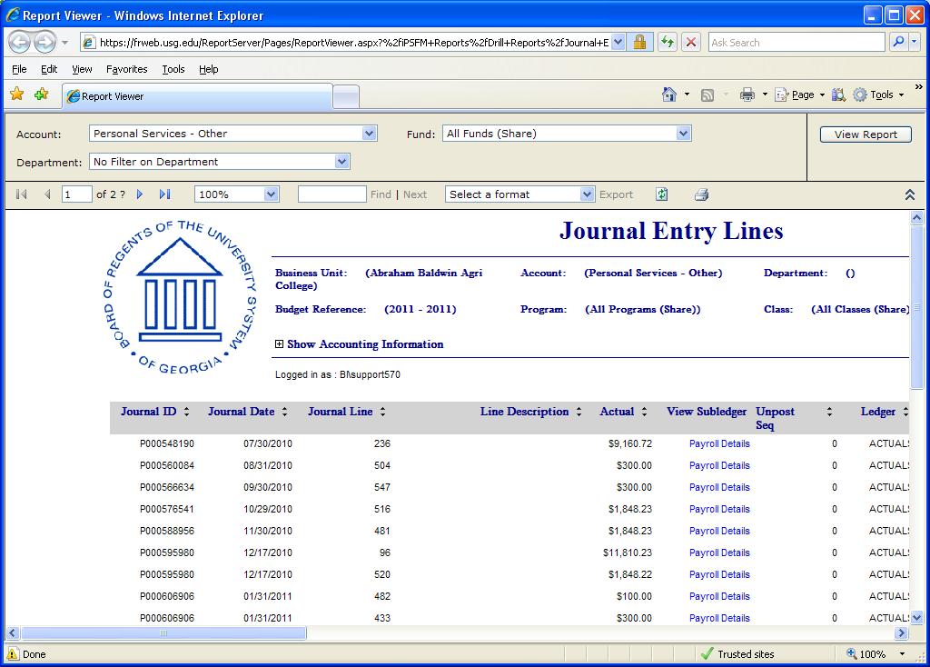 The user now has the option to do a second drill showing Payroll Information by clicking on the Payroll Details link.