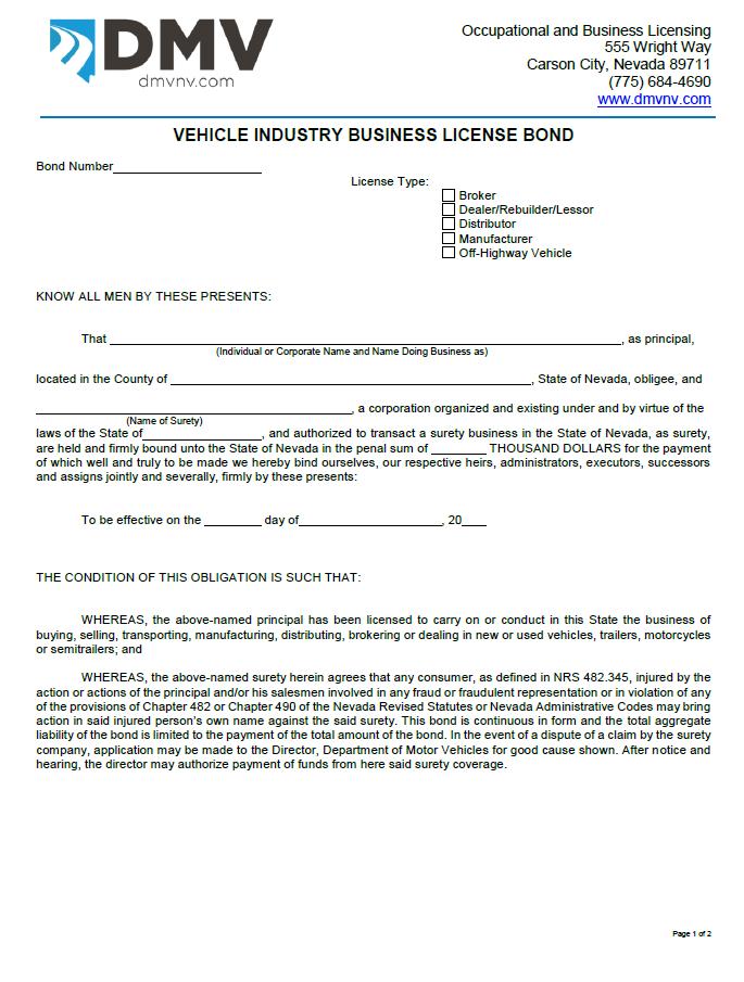 Vehicle Industry Business License Bond