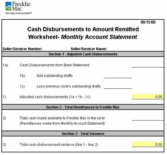 Calculate Cash Disbursements Cash Disbursments to Amount Remitted Worksheet Shown below is an example of the Cash Disbursements to Amount Remitted Worksheet.