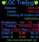For Example with default settings: _simplesltrailinitialstartpips = 100 _simplesltrailpips = 55 EA will start trail an order after 100 pips of profit with a trail level of 55 pips. _parabolicstep=0.