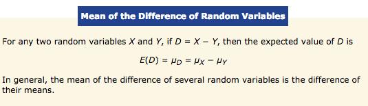 Differences of random variables Now that we ve examined sums of random variables, it s time to investigate the difference of two random variables.