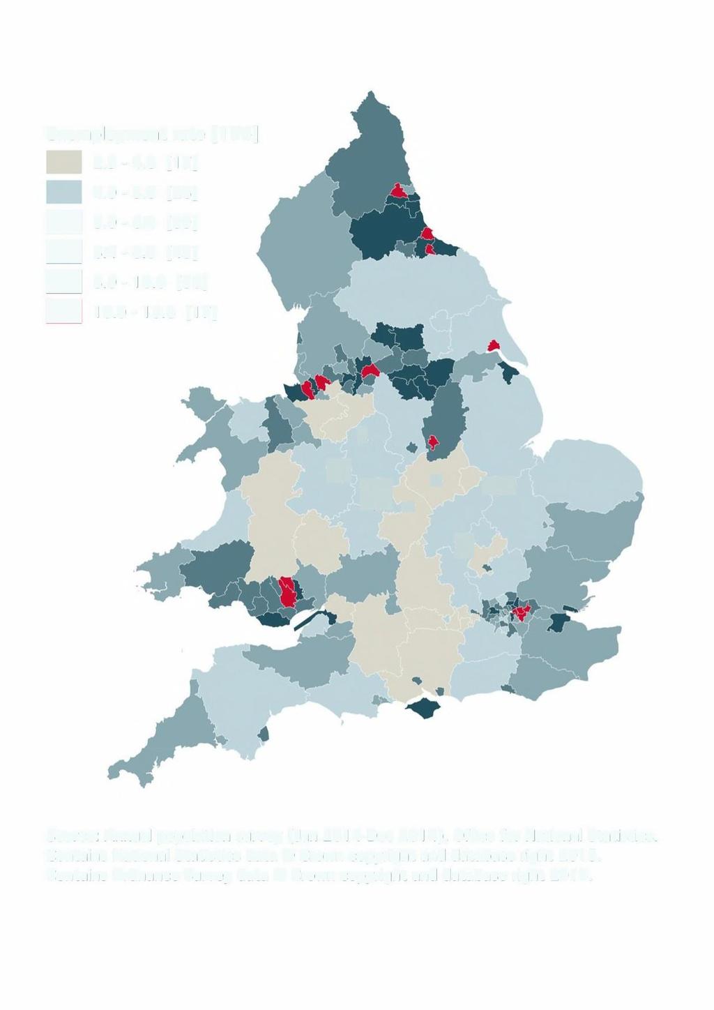 FIGURE 16: RATE OF UNEMPLOYMENT IN UPPER TIER AUTHORITY AREAS IN ENGLAND AND WALES IN 214 [RANKING AMONGST ALL LOCAL AUTHORITY DISTRICTS IN PARENTHESES] Unemployment rate [ 174] 2.9-4. [17] 4. - 5.
