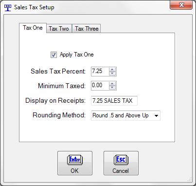 After selecting you tax method, from the Regit Express Office top line menu select SETUP, SALES TAX SETUP. The Sales Tax Setup Window will appear. Select the Tax One tab, if not already selected.