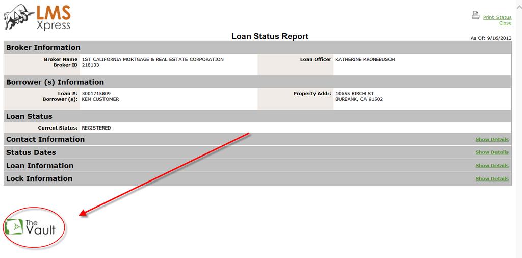 From the Loan Status Report page Select The Vault link