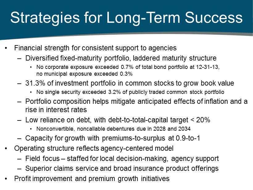 Financial strength for consistent support to agencies Diversified fixed - maturity portfolio, laddered maturity structure No corporate exposure exceeded 0.