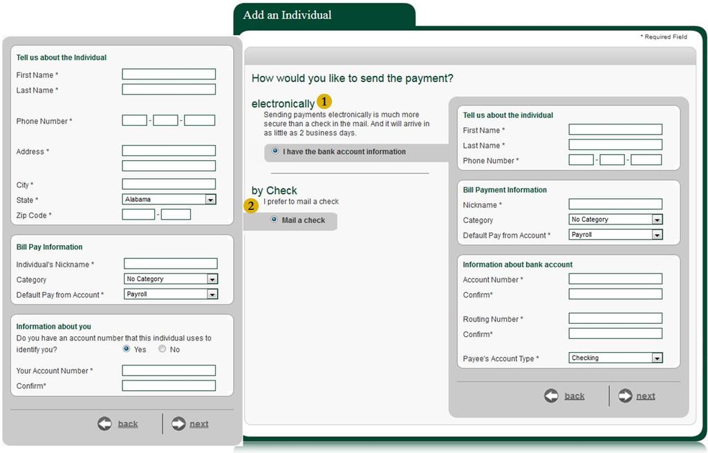 Payees Add an Individual With Add an Individual the option is available whether the payee will be paid electronically or by paper check. 1.