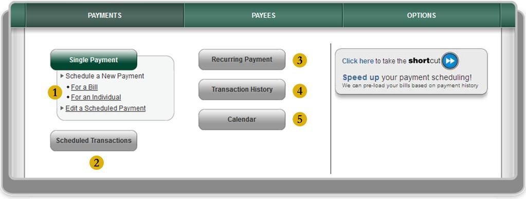 Payments Single Payment 1. Under Single Payment, select For a Bill to make payments to payees created under Company or Bank or Credit Union.