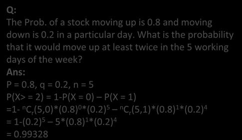 Mean = np, variance = np(1-p) The Prob. of a stock moving up is 0.8 and moving down is 0. in a particular day.