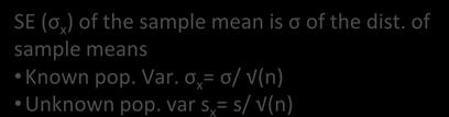 Central Limit Theorem Distribution Standard Error (SE) distribution of all possible sample statistics
