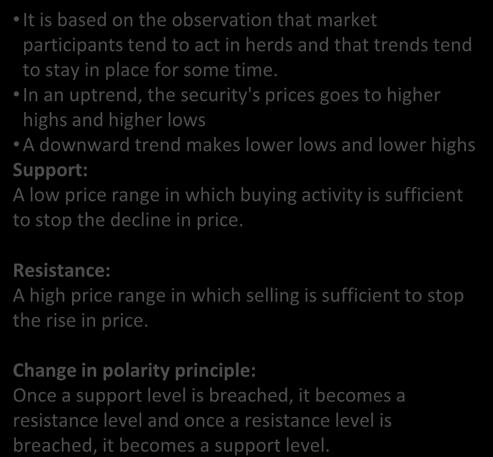 In an uptrend, the security's prices goes to higher highs and higher lows A downward trend makes lower lows and lower highs Support: A low price