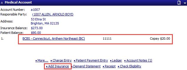 Patient Chart Account Links Users can edit an existing insurance, by clicking on the insurance name link in the account. Note: Never overwrite an insurance once it has been linked to a charge.